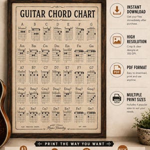 Peut inclure: Une affiche encadrée de diagrammes d'accords de guitare présentant des grilles de notation musicale. Le texte inclut GUITAR CHORD CHART, THE ESSENTIAL CHORD REFERENCE FOR EVERY GUITARIST et WEST COAST Music Foundry. Inclut des formats d'impression A3, A4, US Letter et 45,7 x 61 cm.