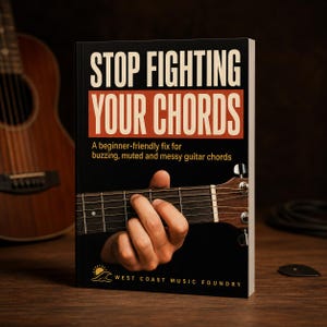 May include: A black book titled Stop Fighting Your Chords with a red rectangular accent. The cover features a hand pressing guitar strings on a fretboard and the text A beginner-friendly fix for buzzing, muted and messy guitar chords.