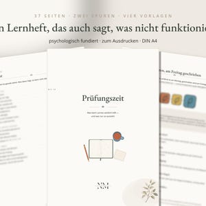 Könnte beinhalten: Ein digitales Lernheft mit dem Titel Prüfungszeit, bestehend aus 37 Seiten, zwei Spuren und vier Vorlagen im DIN A4-Format. Das Deckblatt zeigt eine minimalistische Illustration eines offenen Notizbuchs, eines Stifts, einer Tasse und eines Notizzettels.