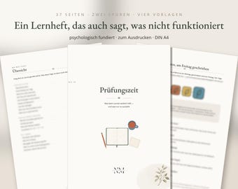 Puede incluir: Un cuaderno de estudio digital titulado Prüfungszeit con 37 páginas, dos pistas y cuatro plantillas en formato DIN A4. La portada presenta una ilustración minimalista de un cuaderno abierto, un lápiz, una taza y una pequeña nota cuadrada.