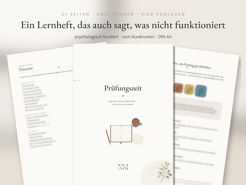 May include: A digital study workbook titled Pr&uuml;fungszeit with 37 pages, two tracks, and four templates in DIN A4 format. The cover features a minimalist illustration of an open notebook, a pencil, a mug, and a small square note.