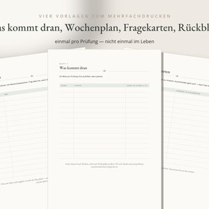 May include: Three white printable planner sheets with black text and grid lines. The top text reads: VIER VORLAGEN ZUM MEHRFACHDRUCKEN, Was kommt dran, Wochenplan, Fragekarten, R&uuml;ckblick, einmal pro Pr&uuml;fung &mdash; nicht einmal im Leben. The sheets include sections for planning and notes.