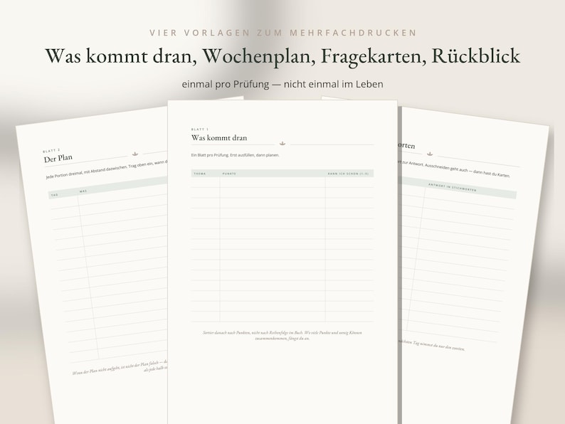 May include: Three white printable planner sheets with black text and grid lines. The top text reads: VIER VORLAGEN ZUM MEHRFACHDRUCKEN, Was kommt dran, Wochenplan, Fragekarten, R&uuml;ckblick, einmal pro Pr&uuml;fung &mdash; nicht einmal im Leben. The sheets include sections for planning and notes.