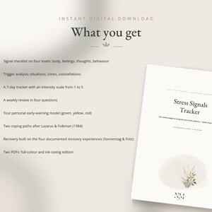 May include: A digital Stress Signals Tracker document featuring a checklist for body, feelings, thoughts, and behavior, a 7-day intensity tracker, a weekly review, an early-warning model, coping paths, and recovery experiences in full-color and ink-saving PDFs.