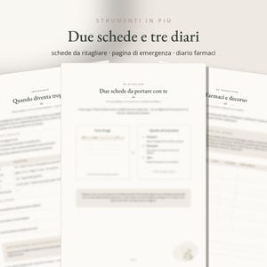 Puede incluir: Tres hojas de papel blanco con texto impreso en italiano, incluyendo los t&iacute;tulos Due schede e tre diari, Quando diventa troppo, Due schede da portare con te y Farmaci e decorso, con dise&ntilde;os estructurados para informaci&oacute;n m&eacute;dica.