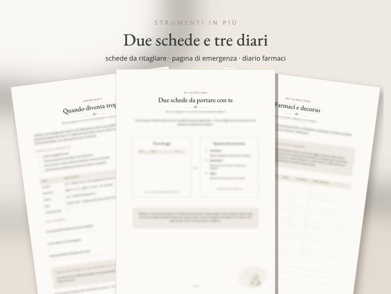 Puede incluir: Tres hojas de papel blanco con texto impreso en italiano, incluyendo los t&iacute;tulos Due schede e tre diari, Quando diventa troppo, Due schede da portare con te y Farmaci e decorso, con dise&ntilde;os estructurados para informaci&oacute;n m&eacute;dica.