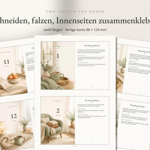 May include: A printable sheet featuring multiple cards with German text, including instructions to cut, fold, and glue inner pages. Each card displays a numbered list and a soft-toned photograph of cozy interior scenes, measuring 88 x 124 mm.
