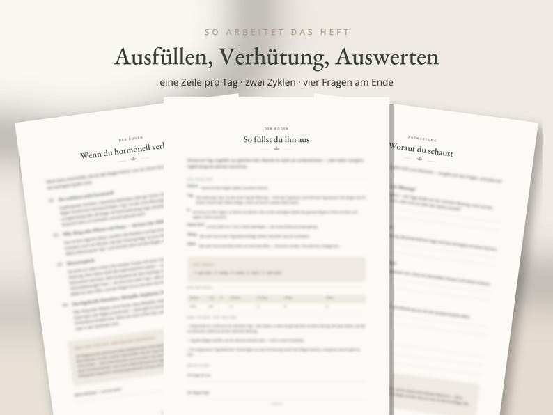May include: Three white paper sheets with black text and headers including "So arbeitet das Heft", "Ausf&uuml;llen, Verh&uuml;tung, Auswerten", "eine Zeile pro Tag", "zwei Zyklen", "vier Fragen am Ende", "Wenn du hormonell ver", "So f&uuml;llst du ihn aus", and "Worauf du schaust".