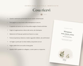 Puede incluir: Un documento digital titulado Menopausa: testa, umore, sonno, que incluye una lista de contenidos como un diario de sueño, una hoja de visita médica y guías de frases. El documento tiene un fondo crema con una ilustración de hojas verdes.