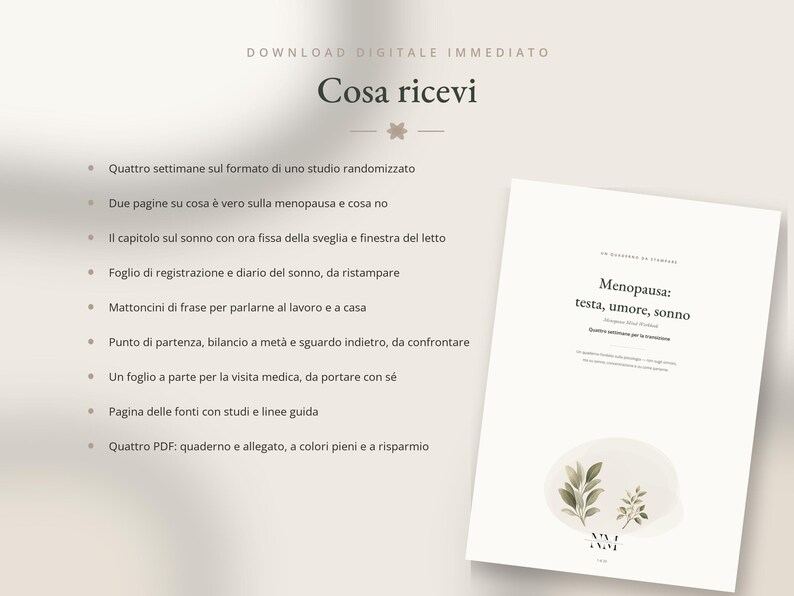 May include: A digital document titled Menopausa: testa, umore, sonno, featuring a list of contents including a sleep diary, medical visit sheet, and phrase guides. The document has a cream background with a small illustration of green leaves.