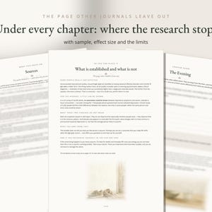 May include: Three pages of a journal with white paper and black text. The center page is in focus, titled 'What is established and what is not', featuring paragraphs of text and a small illustration of shoes at the bottom. The side pages are blurred.