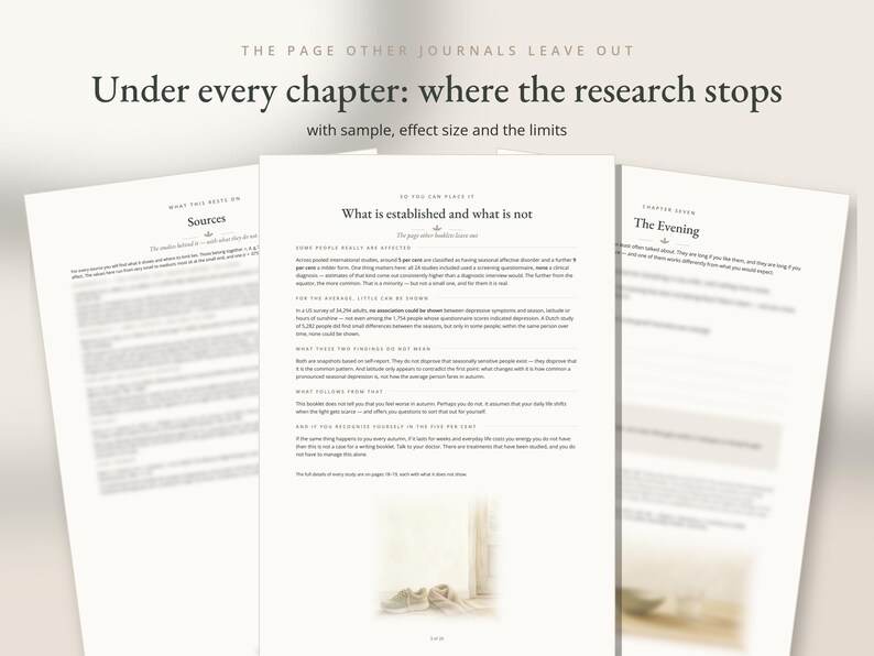 May include: Three pages of a journal with white paper and black text. The center page is in focus, titled 'What is established and what is not', featuring paragraphs of text and a small illustration of shoes at the bottom. The side pages are blurred.
