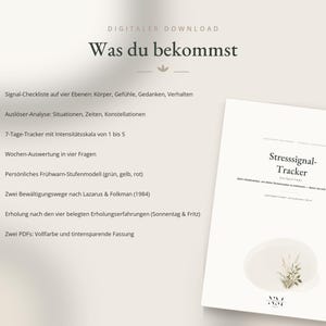 Può includere: Un documento scaricabile digitalmente intitolato Stresssignal-Tracker che presenta un elenco di contenuti tra cui una lista di controllo dei segnali, analisi dei trigger, tracker di 7 giorni, valutazione settimanale e metodi di recupero in due formati PDF.
