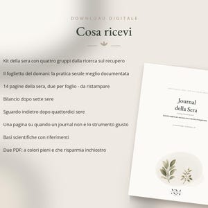 Puede incluir: Un producto de descarga digital que presenta un documento blanco titulado Journal della Sera con una ilustración botánica de hojas verdes. El texto enumera el contenido, incluyendo un kit, hojas de práctica diaria y archivos PDF en italiano.