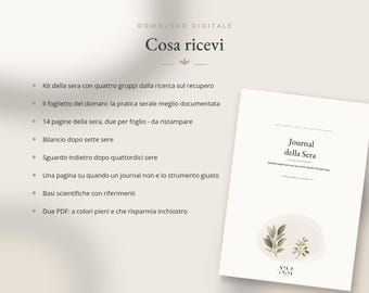 Puede incluir: Un producto de descarga digital que presenta un documento blanco titulado Journal della Sera con una ilustración botánica de hojas verdes. El texto enumera el contenido, incluyendo un kit, hojas de práctica diaria y archivos PDF en italiano.
