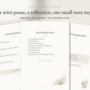 May include: Three white pages with dark text and soft botanical illustrations. The top text reads: HOW THE RESET WORKS, A mini pause, a reflection, one small next step, eight steps - four questions - one repeatable routine. Headings include A Gentle Reflection, A Gentle Mini-Pause, and Calming Routine.