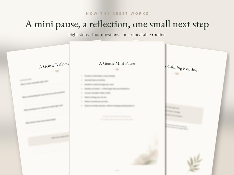 May include: Three white pages with dark text and soft botanical illustrations. The top text reads: HOW THE RESET WORKS, A mini pause, a reflection, one small next step, eight steps - four questions - one repeatable routine. Headings include A Gentle Reflection, A Gentle Mini-Pause, and Calming Routine.