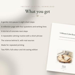 May include: A digital document titled 5-Minute Calm Reset featuring a list of contents including a mini-pause, reflection page, tick-list, calming routine, scientific sources, and two PDF versions. The document displays an illustration of a table.