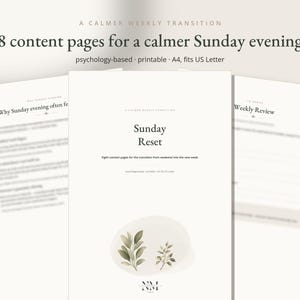 Op de afbeelding: Een set van acht printbare inhoudspagina's voor een zondag-reset, met de tekst A Calmer Weekly Transition, Sunday Reset, en Eight content pages for the transition from weekend into the new week, inclusief een kleine groene bladillustratie.