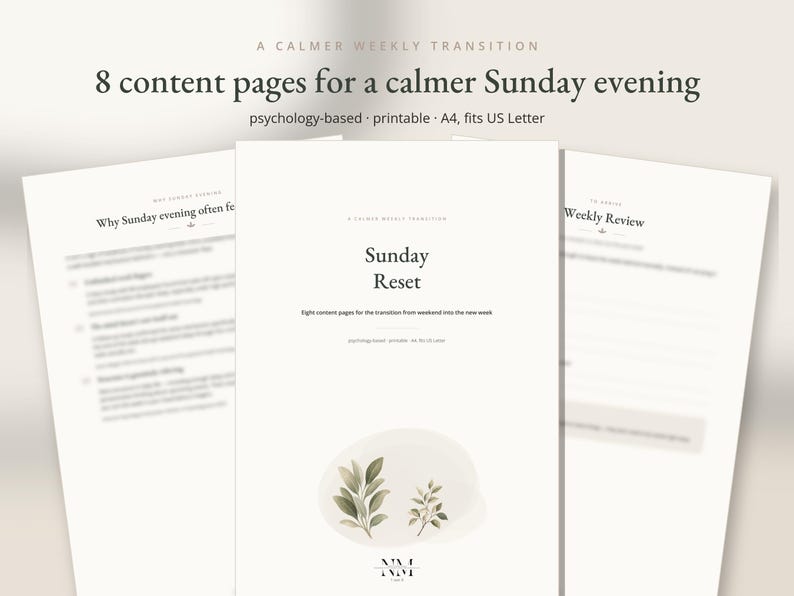 Op de afbeelding: Een set van acht printbare inhoudspagina's voor een zondag-reset, met de tekst A Calmer Weekly Transition, Sunday Reset, en Eight content pages for the transition from weekend into the new week, inclusief een kleine groene bladillustratie.