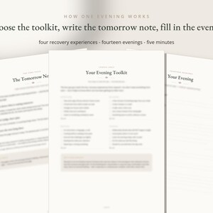 以下が含まれることがあります： 黒い文字が印刷された3枚の白い紙。上部のテキストは「HOW ONE EVENING WORKS. Choose the toolkit, write the tomorrow note, fill in the evening. four recovery experiences - fourteen evenings - five minutes」と書かれています。各ページには「The Tomorrow Note」、「Your Evening Toolkit」、「Your Evening」という見出しが含まれています。
