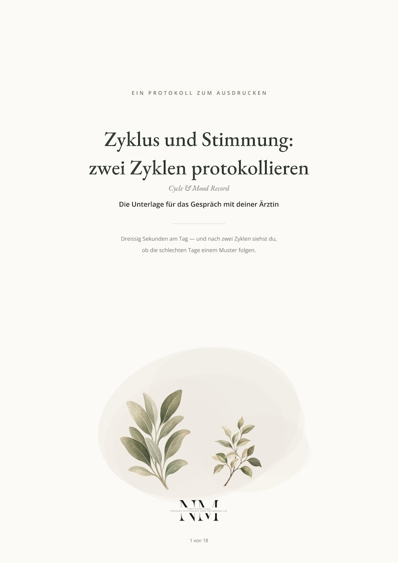 May include: A printable document titled Zyklus und Stimmung: zwei Zyklen protokollieren, featuring a Cycle & Mood Record subtitle, medical consultation text, and a daily tracking instruction, decorated with two watercolor-style green leaf illustrations.