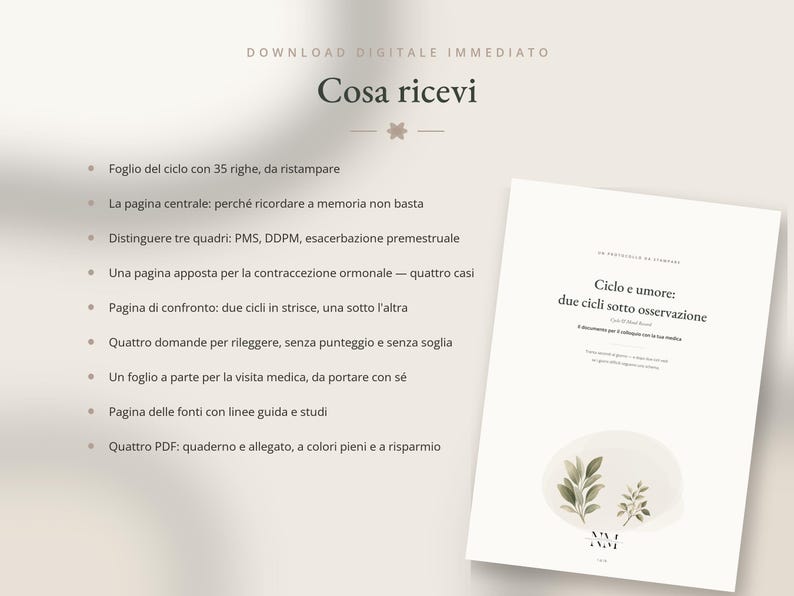 May include: A digital document titled Ciclo e umore: due cicli sotto osservazione, featuring a list of contents in Italian. The page includes a watercolor illustration of green leaves at the bottom and text detailing a menstrual cycle tracking guide.