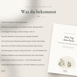 May include: A digital download document titled 'Dein Tag, deine Reize' featuring a list of programme contents in German, including a 4-week plan, 6 daily modules, and information on autism-related topics, with a small botanical illustration.