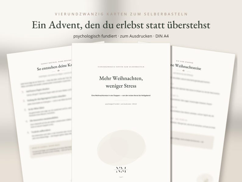 May include: Three white A4 paper sheets featuring black text and minimalist graphic elements. The central page displays the title 'Mehr Weihnachten, weniger Stress' with instructional text below, while the side pages show numbered lists.