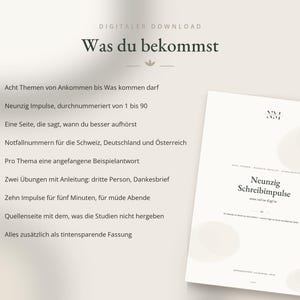 Könnte beinhalten: Ein digitales Dokument mit dem Titel Neunzig Schreibimpulse und einer Inhaltsliste auf Deutsch. Der Text beschreibt Funktionen wie neunzig Schreibimpulse, Notfallnummern für die Schweiz, Deutschland und Österreich sowie Übungen.