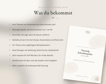 Puede incluir: Un documento de descarga digital titulado Neunzig Schreibimpulse con una lista de contenidos en alemán. El texto detalla características que incluyen noventa impulsos de escritura, números de emergencia y ejercicios.