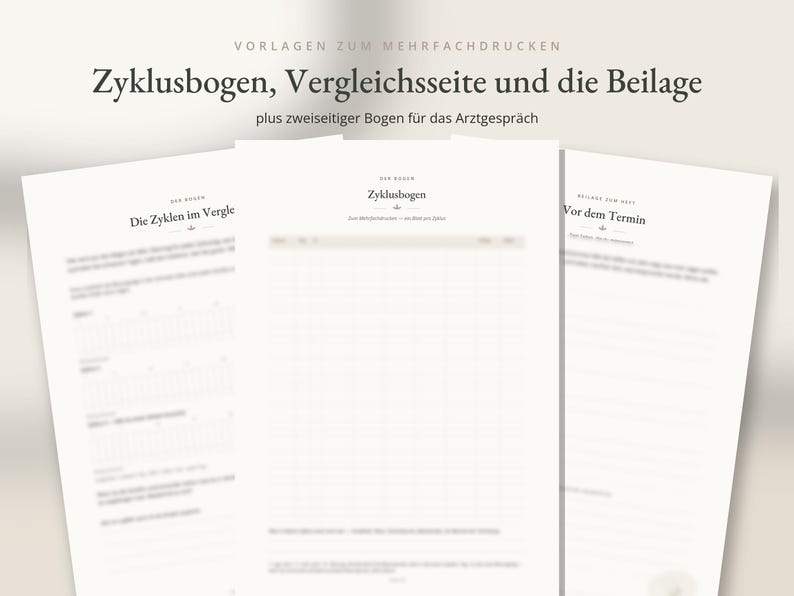 May include: Three white paper sheets featuring printed text and grids for tracking menstrual cycles. The top text reads VORLAGEN ZUM MEHRFACHDRUCKEN, ZYKLUSBOGEN, VERGLEICHSSEITE UND DIE BEILAGE, plus zweiseitiger Bogen f&uuml;r das Arztgespr&auml;ch.