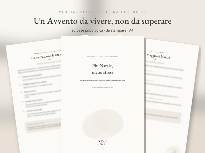 May include: A set of three A4 printable documents with white backgrounds and black text. The central page features the title Pi&ugrave; Natale, meno stress, with additional Italian text headings and a light beige circular graphic element at the bottom.