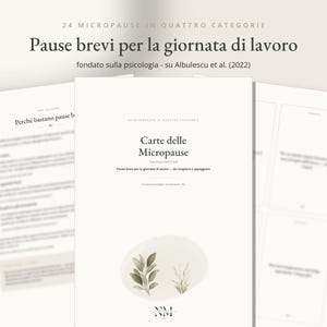 May include: A set of printed cards titled Carte delle Micropause with the subtitle Pause brevi per la giornata di lavoro. The central card features a soft beige oval shape with a botanical illustration of green leaves and grass, with text.