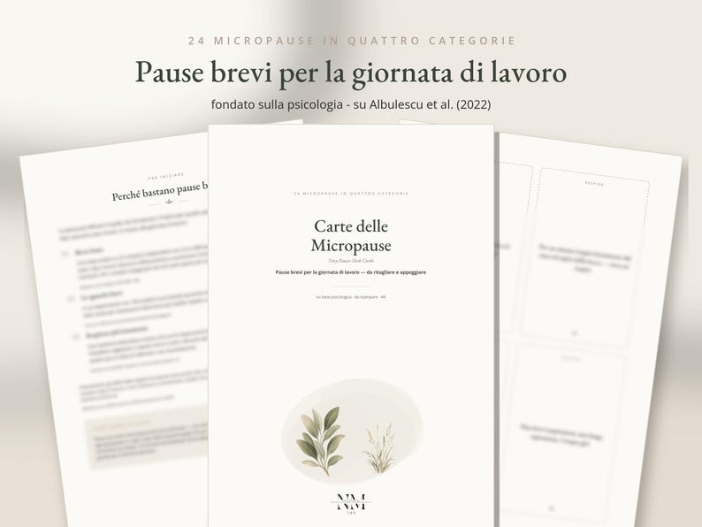 May include: A set of printed cards titled Carte delle Micropause with the subtitle Pause brevi per la giornata di lavoro. The central card features a soft beige oval shape with a botanical illustration of green leaves and grass, with text.