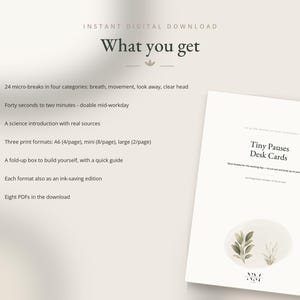 Könnte beinhalten: Ein digitales Download-Produkt mit dem Titel Tiny Pauses Desk Cards, das 24 Mikropausen-Aktivitäten in vier Kategorien enthält. Das Dokument umfasst eine wissenschaftliche Einführung, drei Druckformate, eine Faltbox-Anleitung und acht PDF-Dateien.