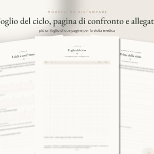 May include: Three white printed paper sheets featuring medical tracking templates. The text includes 'MODELLI DA RISTAMPARE', 'Foglio del ciclo, pagina di confronto e allegato', 'I cicli a confronto', 'Foglio del ciclo', and 'Prima della visita'.