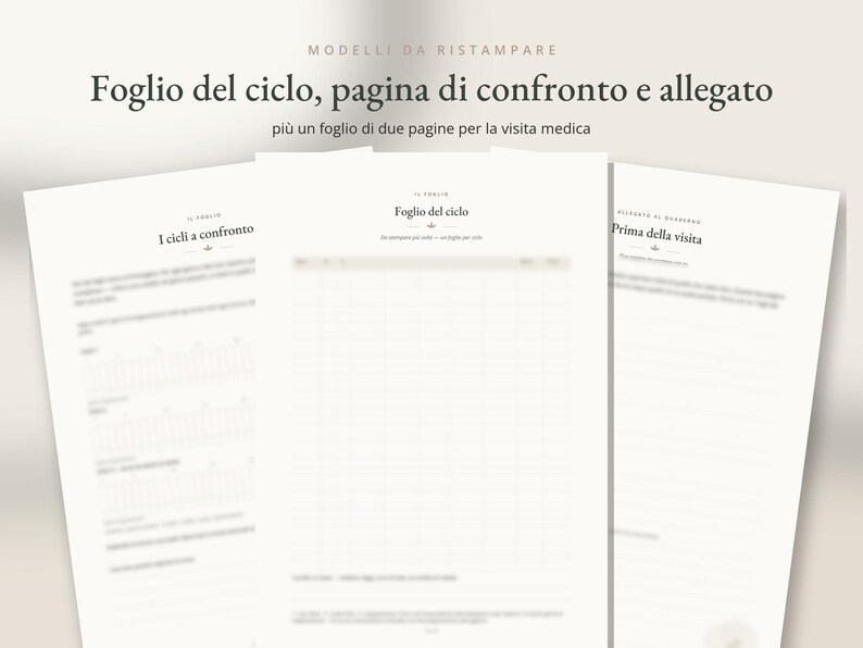 May include: Three white printed paper sheets featuring medical tracking templates. The text includes 'MODELLI DA RISTAMPARE', 'Foglio del ciclo, pagina di confronto e allegato', 'I cicli a confronto', 'Foglio del ciclo', and 'Prima della visita'.
