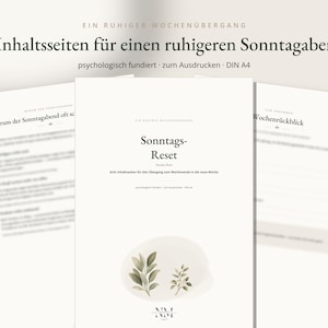 Pu&ograve; includere: Un set di otto pagine stampabili in formato A4 intitolate Sonntags-Reset, caratterizzate da un design calmo con illustrazioni di foglie verdi. I documenti contengono testo in tedesco, sezioni strutturate per una revisione settimanale e spunti psicologici.