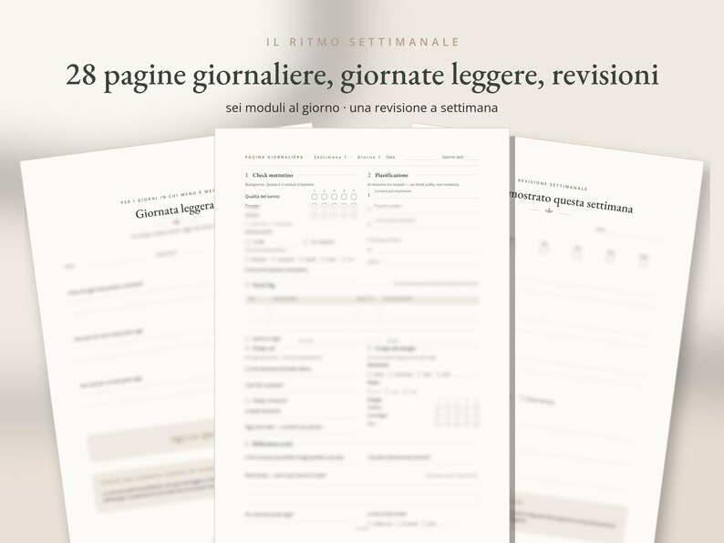 Puede incluir: Un conjunto de tres p&aacute;ginas de planificador blancas con texto en negro. El encabezado superior dice IL RITMO SETTIMANALE, 28 pagine giornaliere, giornate leggere, revisioni, sei moduli al giorno, una revisione a settimana. Las p&aacute;ginas presentan secciones estructuradas.