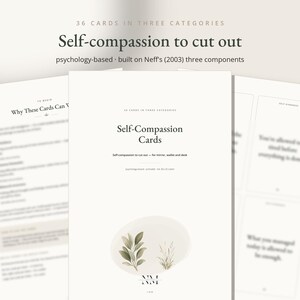 Op de afbeelding: Een set van 36 printbare zelfcompassiekaarten verdeeld in drie categorie&euml;n. Het document bevat de tekst Self-Compassion Cards, psychology-based en built on Neff's 2003 three components, met een botanische illustratie aan de onderkant.