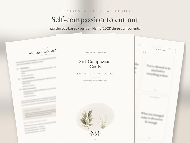 Op de afbeelding: Een set van 36 printbare zelfcompassiekaarten verdeeld in drie categorie&euml;n. Het document bevat de tekst Self-Compassion Cards, psychology-based en built on Neff's 2003 three components, met een botanische illustratie aan de onderkant.