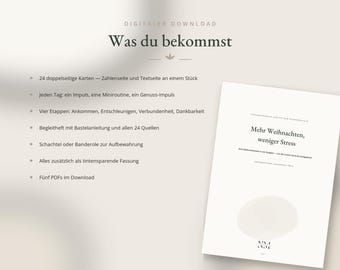 Puede incluir: Un producto de descarga digital que presenta un documento blanco con el texto 'Mehr Weihnachten, weniger Stress' y una lista de contenido que incluye 24 tarjetas de doble cara, una guía con instrucciones, opciones de almacenamiento y cinco archivos PDF.