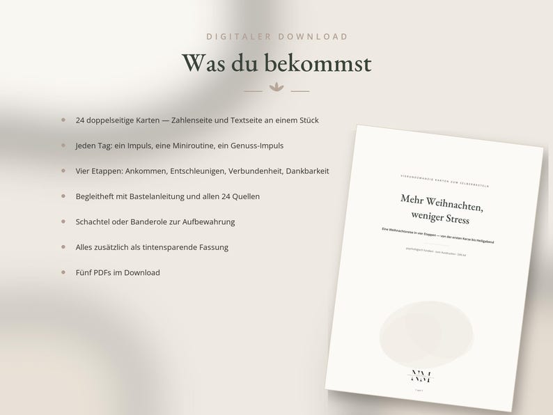 May include: A digital download product listing featuring a white document with the text 'Mehr Weihnachten, weniger Stress' and a list of contents including 24 double-sided cards, a guide with instructions, storage options, and five PDF files for holiday planning.