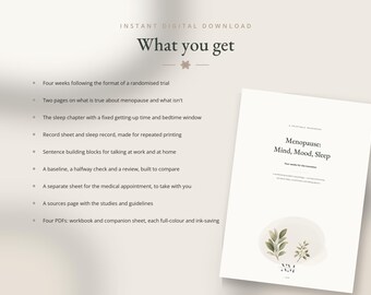 Puede incluir: Un libro de ejercicios digital titulado Menopause: Mind, Mood, Sleep, que presenta una lista de contenidos que incluye un formato de prueba de cuatro semanas, registros de sueño, bloques de oraciones, hojas de citas médicas y una página de fuentes.