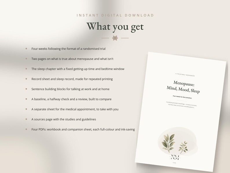May include: A digital workbook titled Menopause: Mind, Mood, Sleep, featuring a list of contents including a four-week trial format, sleep records, sentence building blocks, medical appointment sheets, and a sources page, with a botanical illustration.