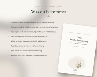 May include: A digital download document titled 'Deine Standortbestimmung' featuring a list of contents including a stress profile, resource wheel, break plan, four-week start guide, twenty cards in four categories, a folding box, and scientific references.