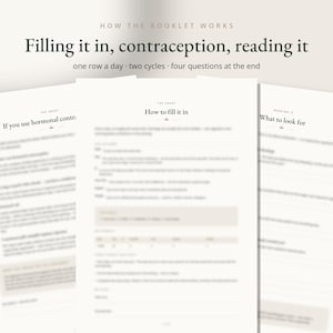 Op de afbeelding: Drie witte pagina's van een gedrukt boekje met zwarte tekst. De koptekst luidt HOW THE BOOKLET WORKS, Filling it in, contraception, reading it, one row a day, two cycles, four questions at the end. De pagina's bevatten instructies.