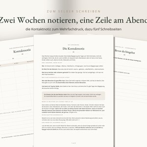 K&ouml;nnte beinhalten: Ein Set aus druckbaren Journal-Seiten mit dem deutschen Text 'Zwei Wochen notieren, eine Zeile am Abend' und 'Die Kontaktnotiz'. Die Dokumente enthalten strukturierte Tabellen f&uuml;r w&ouml;chentliche Aufzeichnungen, Anleitungstexte f&uuml;r t&auml;gliche Eintr&auml;ge sowie linierte Schreibbereiche.