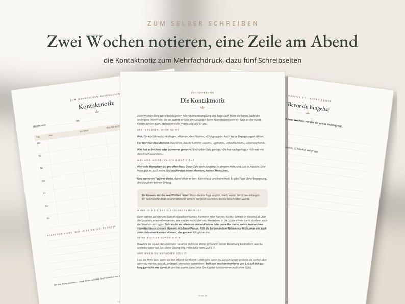 K&ouml;nnte beinhalten: Ein Set aus druckbaren Journal-Seiten mit dem deutschen Text 'Zwei Wochen notieren, eine Zeile am Abend' und 'Die Kontaktnotiz'. Die Dokumente enthalten strukturierte Tabellen f&uuml;r w&ouml;chentliche Aufzeichnungen, Anleitungstexte f&uuml;r t&auml;gliche Eintr&auml;ge sowie linierte Schreibbereiche.